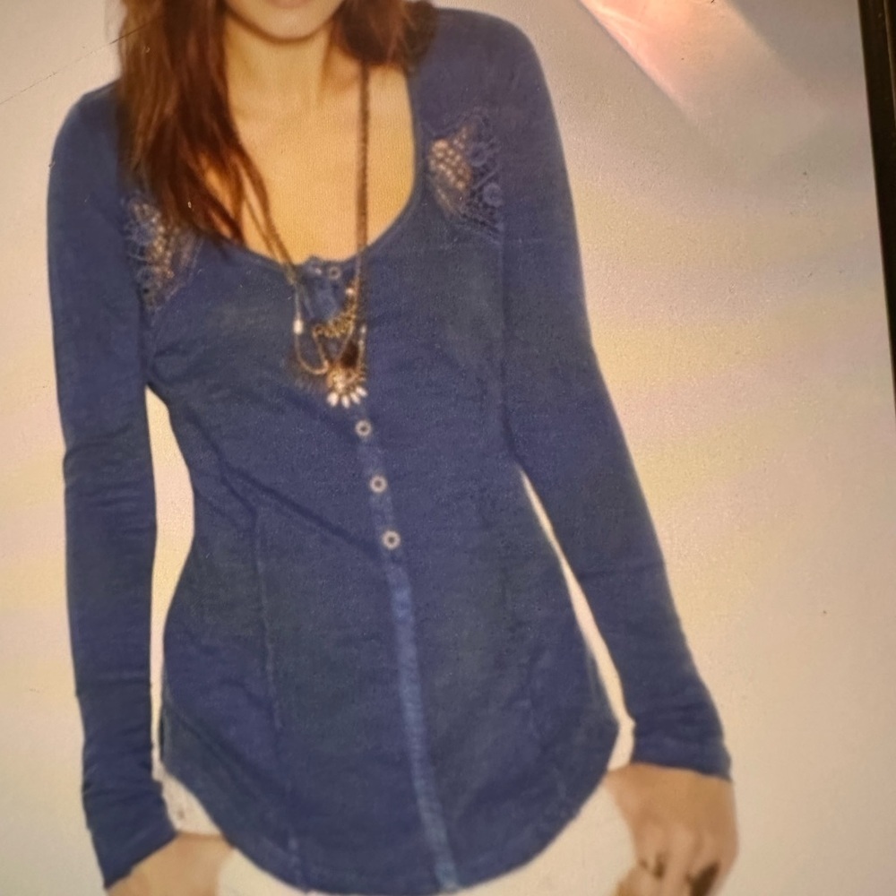 Free People Keepsake Henley Crochet In-sets Blue Button Down Boho Pullover Top